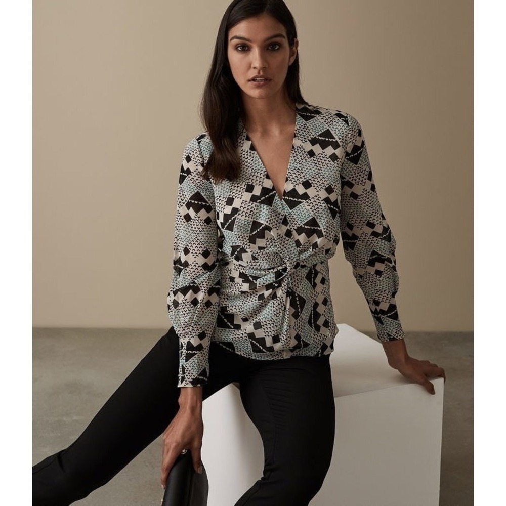Reiss Black White Mint Geometric Wrap Blouse